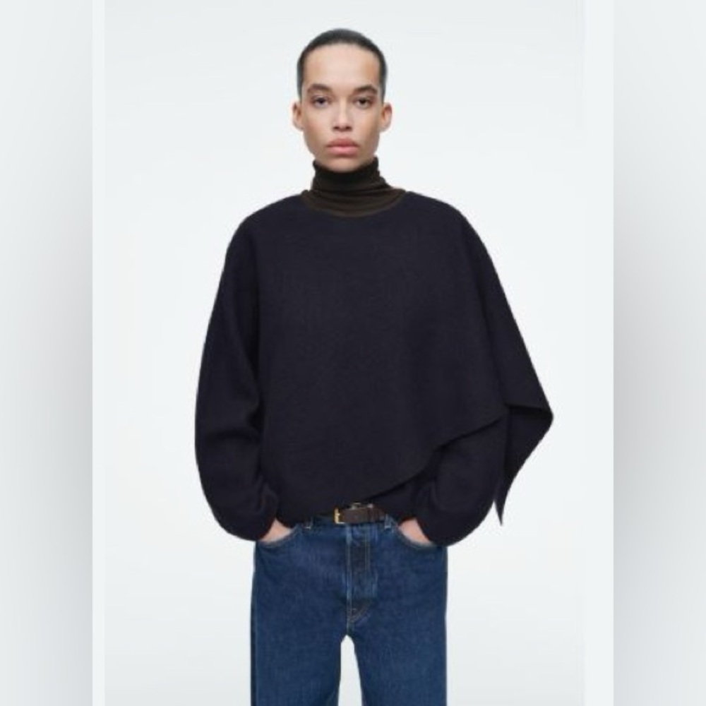 COS Scarf-Detail Wool Cape Coat Navy